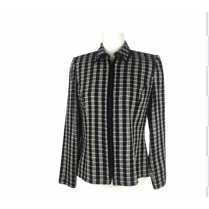 Plaza South Women's Petite Black White Tweed Blazer Zippered Tailored Sz 8
